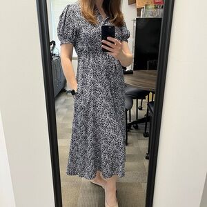 Navy and White Floral Puff Sleeve Dress